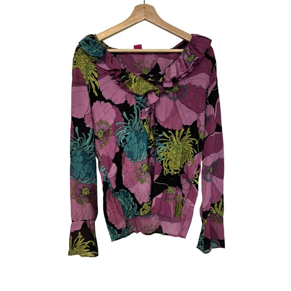 Sunny Leigh Peony Floral Print Blouse Pink Long Sleeve Lightweight Flowy Design - Picture 1 of 8